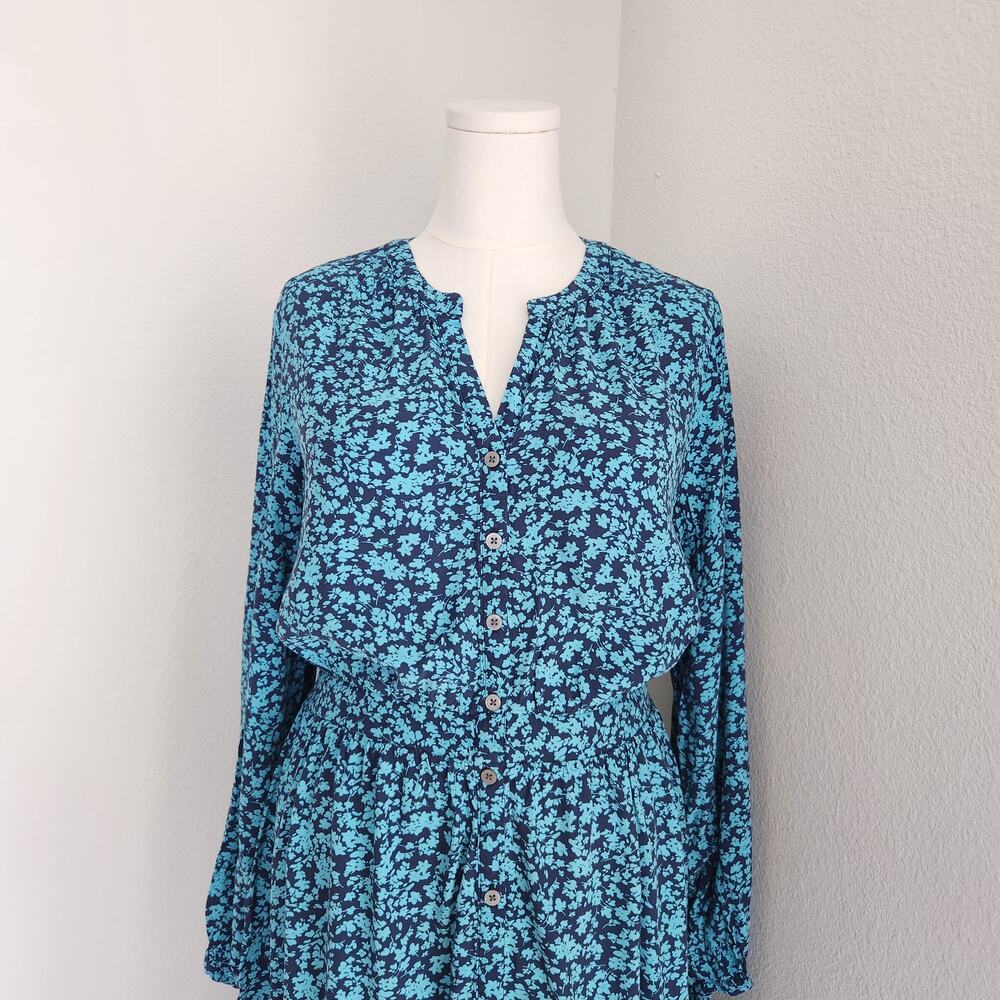 Vintage LOFT Blue Floral Long Sleeve Button Down A-Line Midi Dress L - Picture 2 of 12